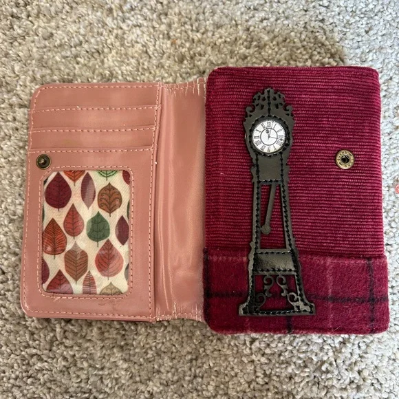 Vendula London Autumn Burgundy Fabric trifold Wallet Bird Patch & coin purse - Picture 5 of 11